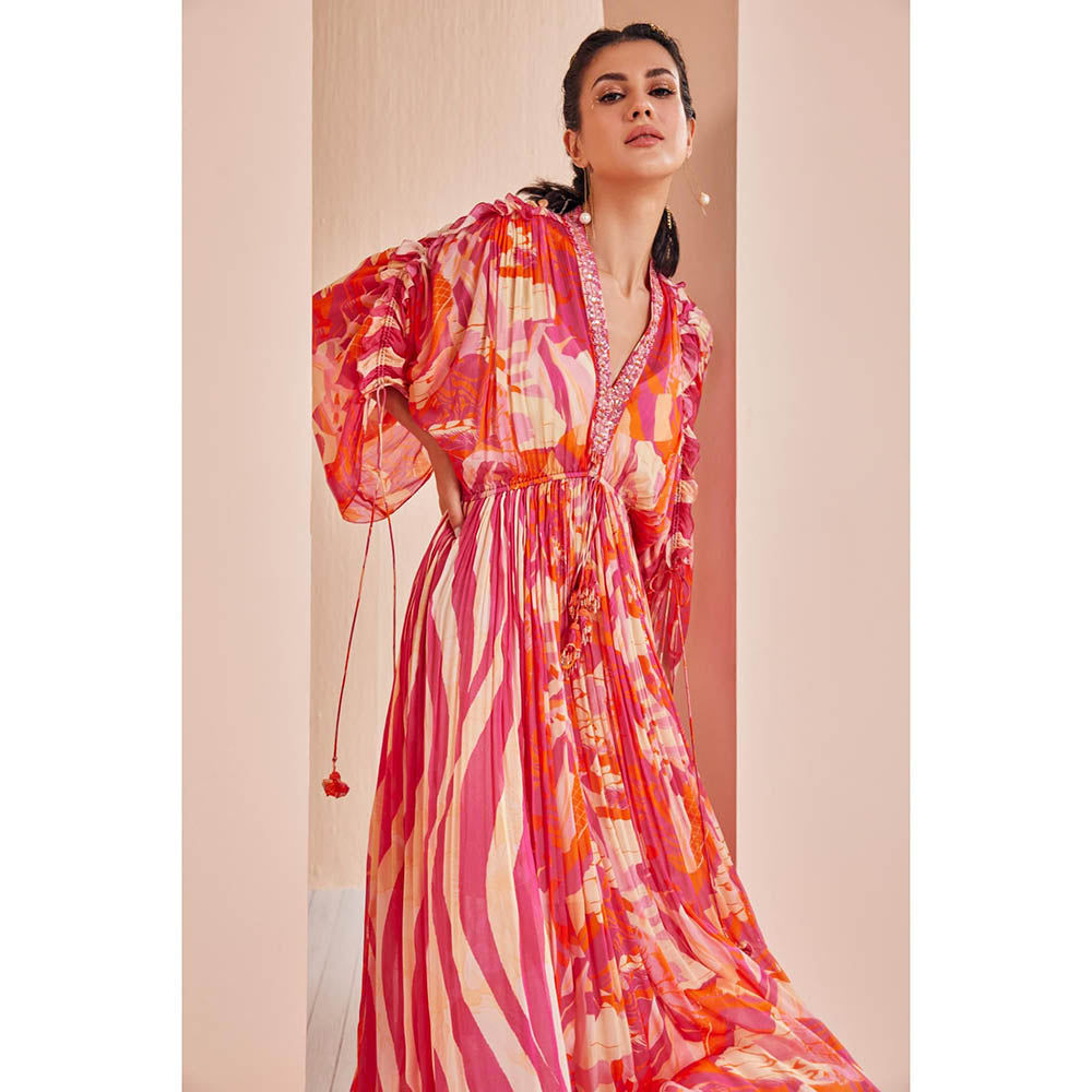 MANDIRA WIRK Pink Printed Chiffon Kaftan (Set of 2)