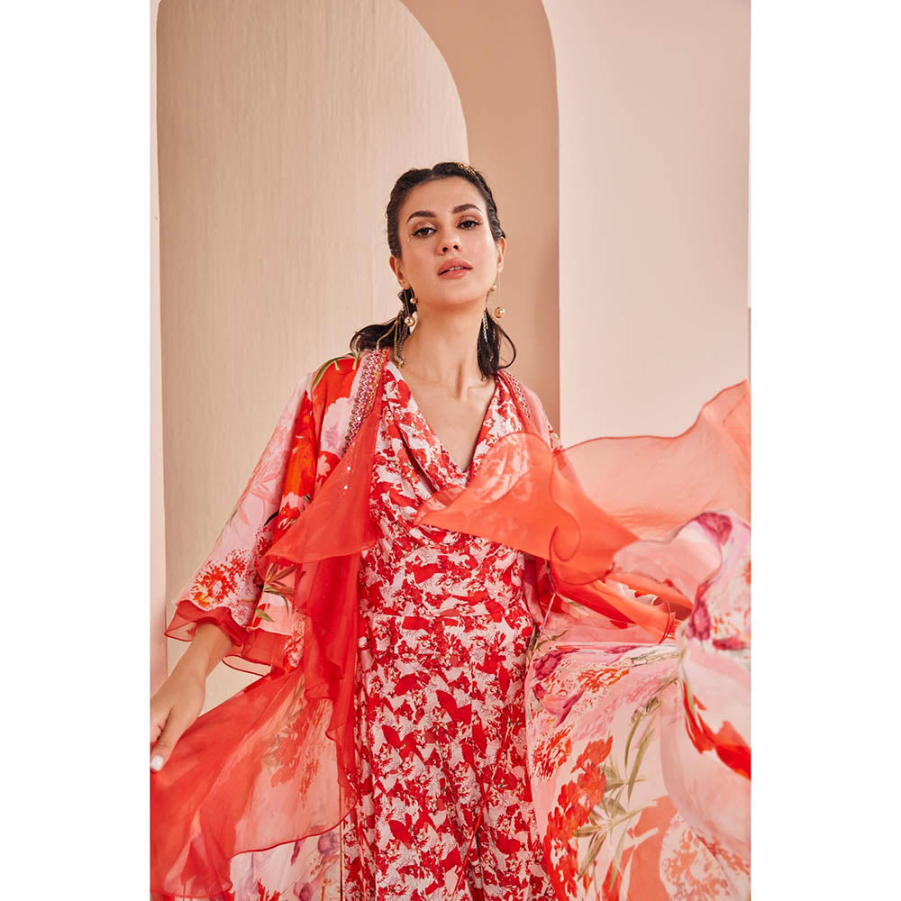 MANDIRA WIRK Printed Satin Jumpsuit with Chiffon Cape (Set of 2)
