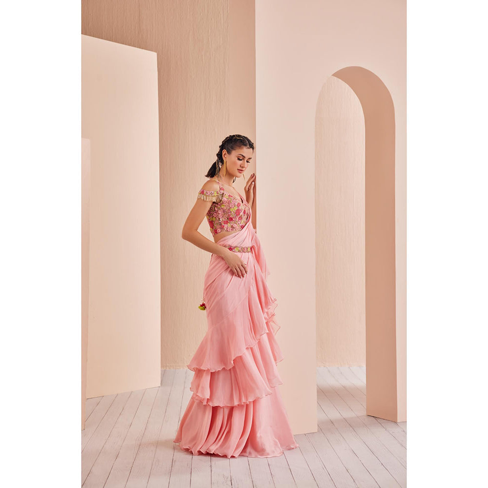 MANDIRA WIRK Chiffon Solid Saree with Embroidered Stitched Blouse and Belt