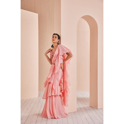 MANDIRA WIRK Chiffon Solid Saree with Embroidered Stitched Blouse and Belt