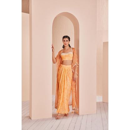 MANDIRA WIRK Orange Pancy Daisy Bustier and Skirt with Cape (Set of 3)