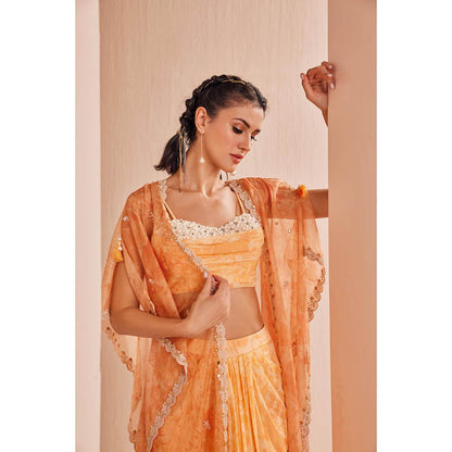 MANDIRA WIRK Orange Pancy Daisy Bustier and Skirt with Cape (Set of 3)