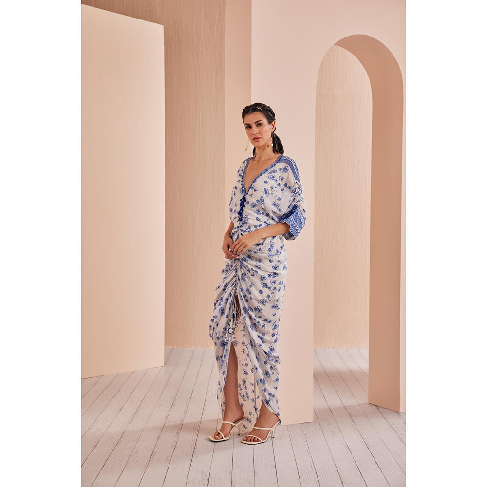 MANDIRA WIRK Blue Periwinkle Floral Rushed Kaftan (Set of 2)