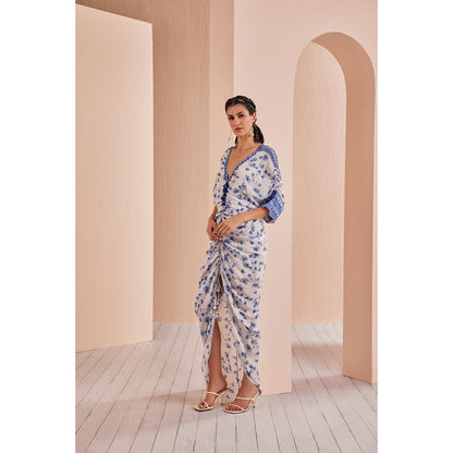 MANDIRA WIRK Blue Periwinkle Floral Rushed Kaftan (Set of 2)