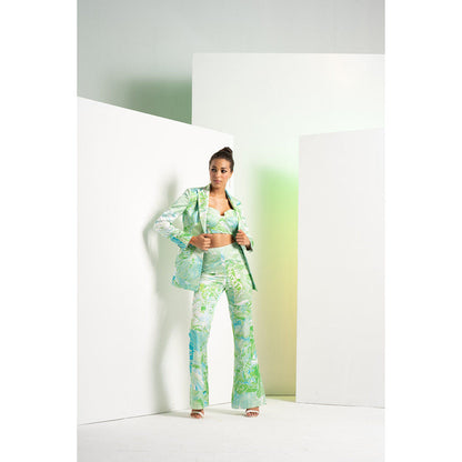 MANDIRA WIRK Green Raw Crystal Jacket With Pant & Bustier (Set of 3)