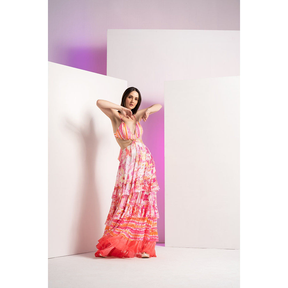 MANDIRA WIRK Pink Fancy Fusion Stylized Chain At Waist Full Length Maxi Dress