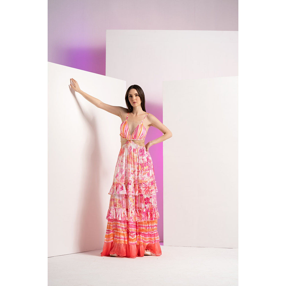 MANDIRA WIRK Pink Fancy Fusion Stylized Chain At Waist Full Length Maxi Dress