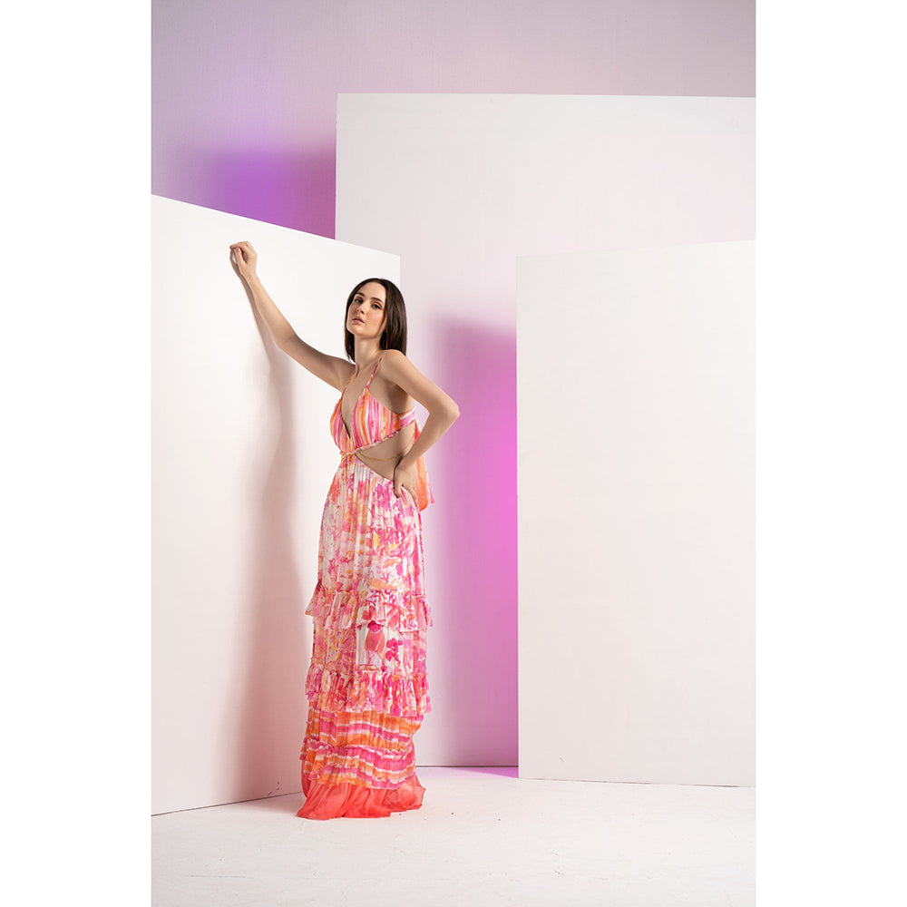 MANDIRA WIRK Pink Fancy Fusion Stylized Chain At Waist Full Length Maxi Dress