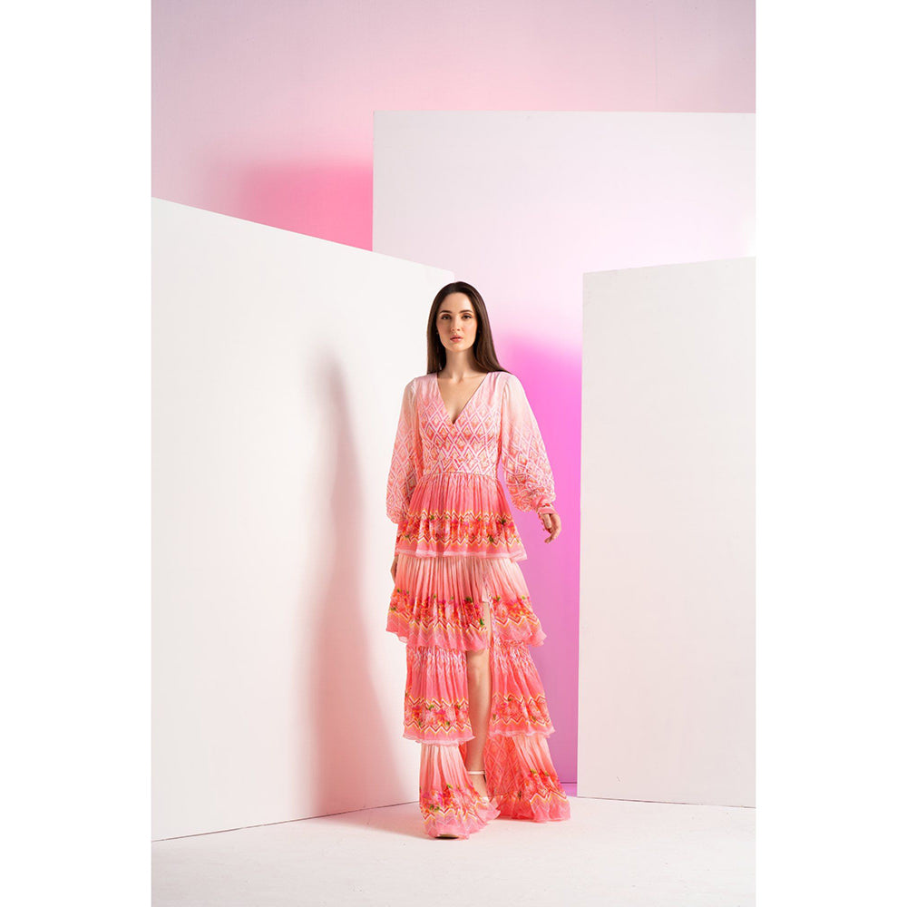 MANDIRA WIRK Pink Bud And Bloom Long Layered Maxi Dress With Belt (Set of 2)