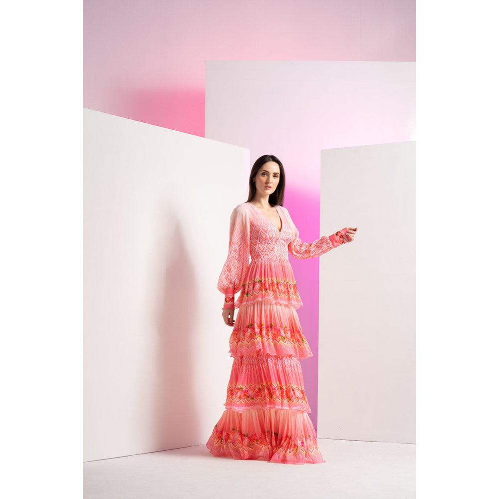MANDIRA WIRK Pink Bud And Bloom Long Layered Maxi Dress With Belt (Set of 2)