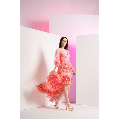MANDIRA WIRK Pink Bud And Bloom Long Layered Maxi Dress With Belt (Set of 2)