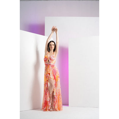 MANDIRA WIRK Peach Raw Crystal Asymmetric Maxi Dress