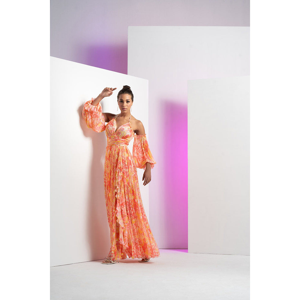 MANDIRA WIRK Orange Pancy Daisy Long Halter Neck Maxi Dress