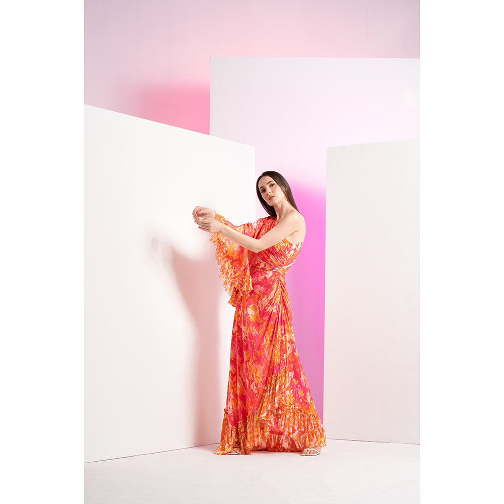 MANDIRA WIRK Orange Twisted Femme Asymmetric Full Length Maxi Dress