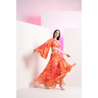 MANDIRA WIRK Orange Twisted Femme Asymmetric Full Length Maxi Dress