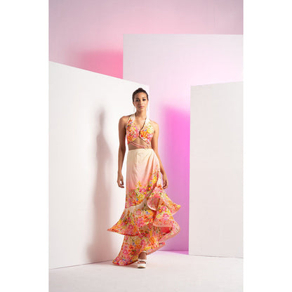 MANDIRA WIRK Multi-Colour Dainty Floret Asymmetric With Back Tie Up Maxi Dress
