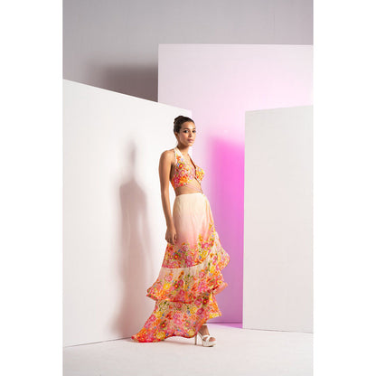 MANDIRA WIRK Multi-Colour Dainty Floret Asymmetric With Back Tie Up Maxi Dress