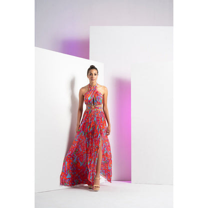 MANDIRA WIRK Multi Printed Mesh Halter Neck Maxi Dress
