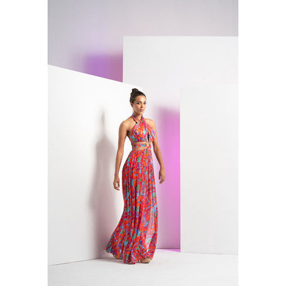 MANDIRA WIRK Multi Printed Mesh Halter Neck Maxi Dress
