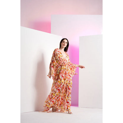 MANDIRA WIRK Yellow Geometric Chaos Kaftan Full Length Maxi Dress