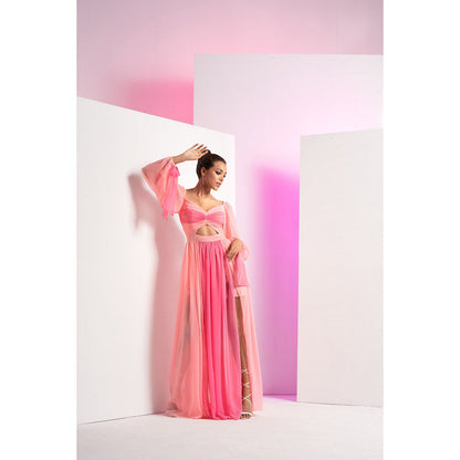 MANDIRA WIRK Fondant Pink Sleeve Tie-Up And Front Slit In Long Maxi Dress