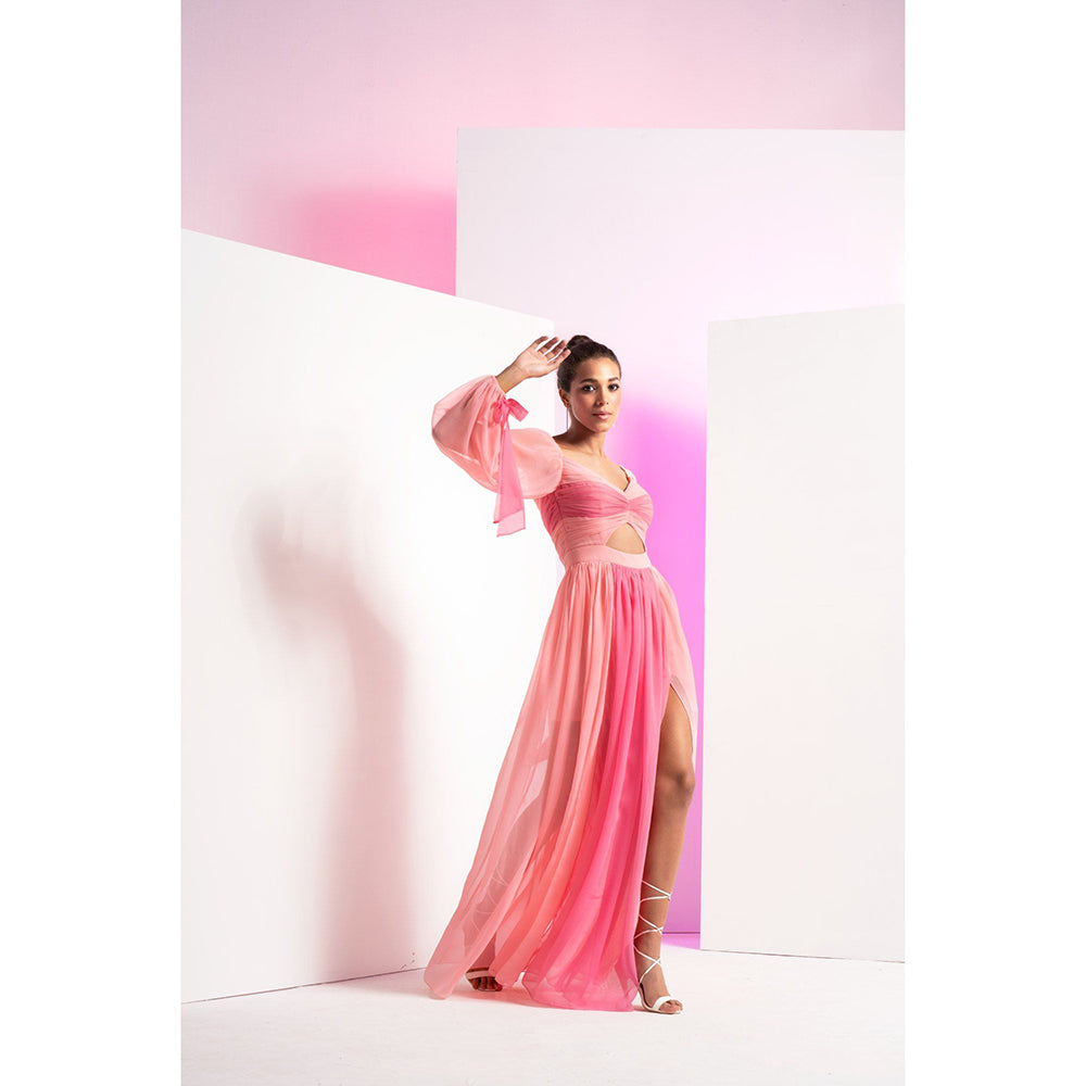 MANDIRA WIRK Fondant Pink Sleeve Tie-Up And Front Slit In Long Maxi Dress