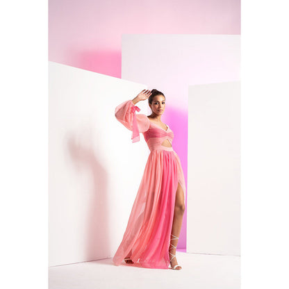 MANDIRA WIRK Fondant Pink Sleeve Tie-Up And Front Slit In Long Maxi Dress