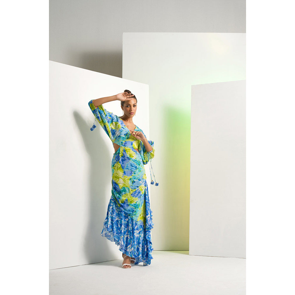 MANDIRA WIRK Matched Blue Printed Camo Asymmetric Maxi Dress