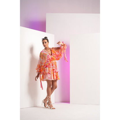 MANDIRA WIRK Orange Fancy Fusion Floral Short Tiered Mini Dress