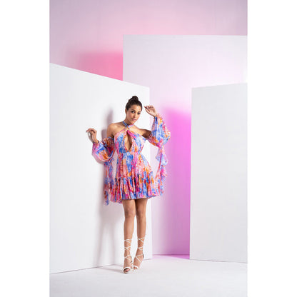 MANDIRA WIRK Blue Floral Camo Short Mini Dress