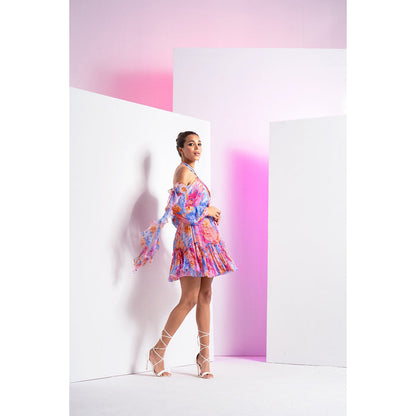 MANDIRA WIRK Blue Floral Camo Short Mini Dress