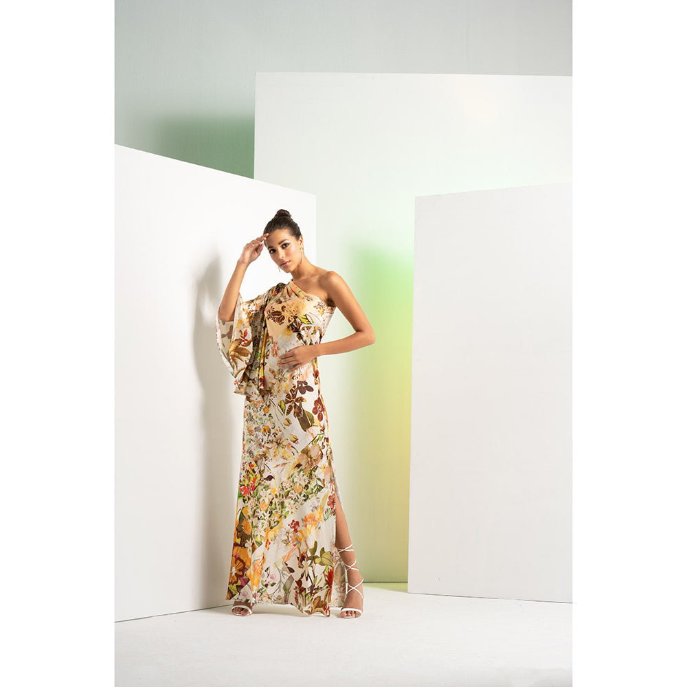 MANDIRA WIRK Ochre Floral Rush Printed Satin One Shoulder Maxi Dress