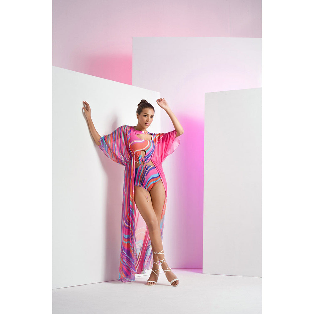 MANDIRA WIRK Multi-Colour Marma Body Suit With Stylized Cuts And Long Chiffon Cape (Set of 2)