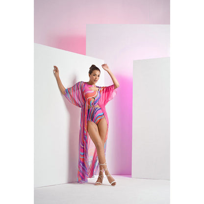MANDIRA WIRK Multi-Colour Marma Body Suit With Stylized Cuts And Long Chiffon Cape (Set of 2)