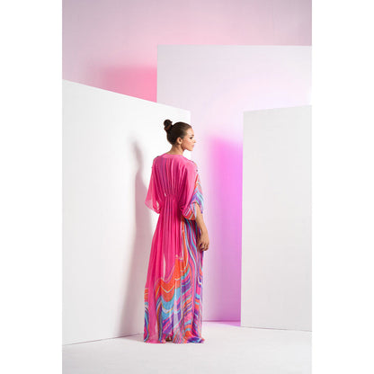 MANDIRA WIRK Multi-Colour Marma Body Suit With Stylized Cuts And Long Chiffon Cape (Set of 2)