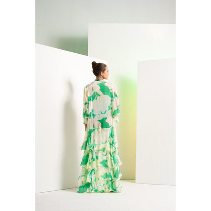 MANDIRA WIRK Green Bee Vibes Body Suit With Chiffon Long Cape (Set of 2)