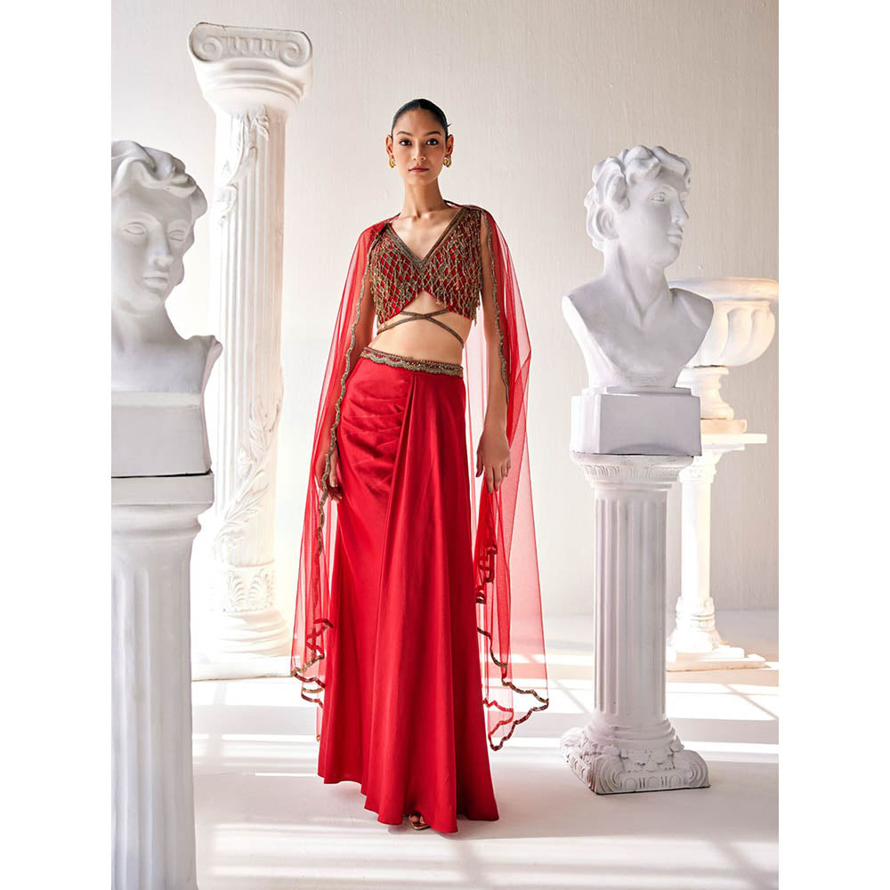 MANDIRA WIRK Red Fusion Style Top with Skirt (Set of 4)