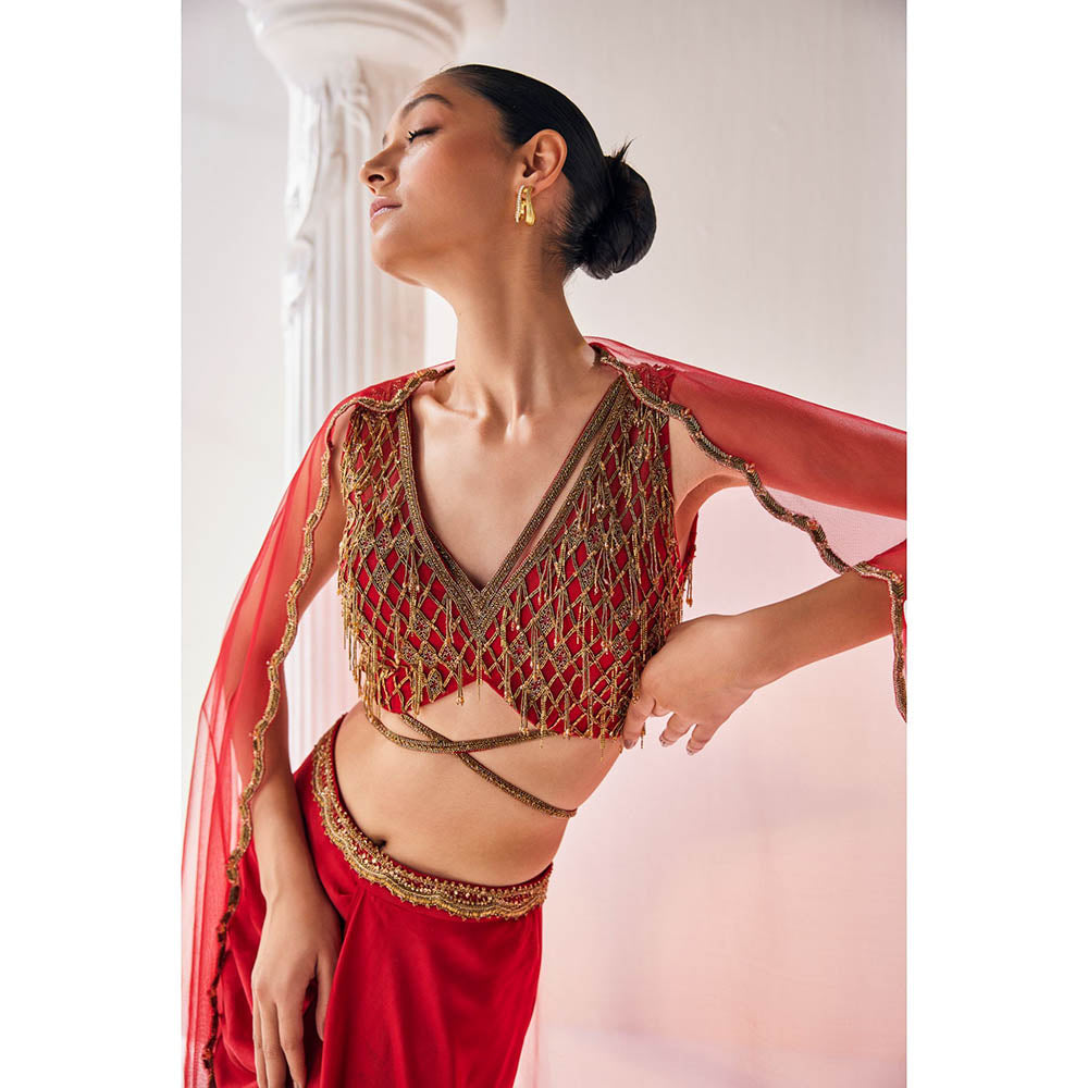 MANDIRA WIRK Red Fusion Style Top with Skirt (Set of 4)