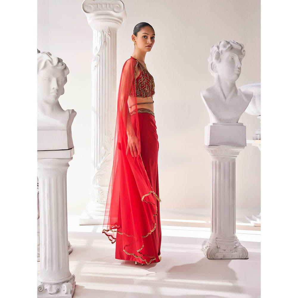 MANDIRA WIRK Red Fusion Style Top with Skirt (Set of 4)