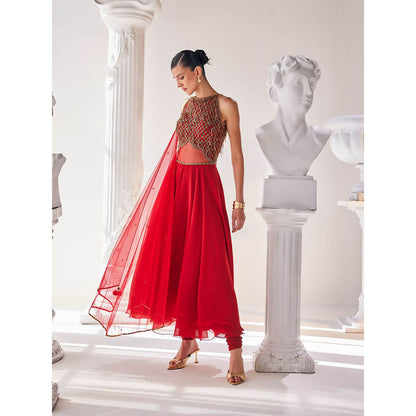 MANDIRA WIRK Red Anarkali Churidar with Dupatta (Set of 3)
