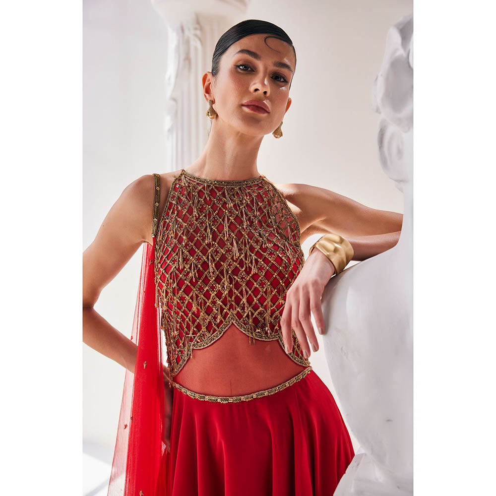 MANDIRA WIRK Red Anarkali Churidar with Dupatta (Set of 3)