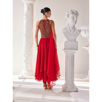 MANDIRA WIRK Red Anarkali Churidar with Dupatta (Set of 3)