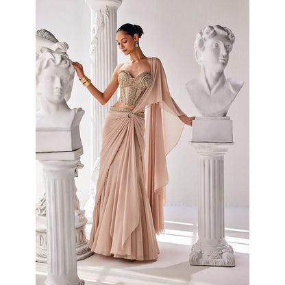 MANDIRA WIRK Golden Cream Saree with Stitched Blouse