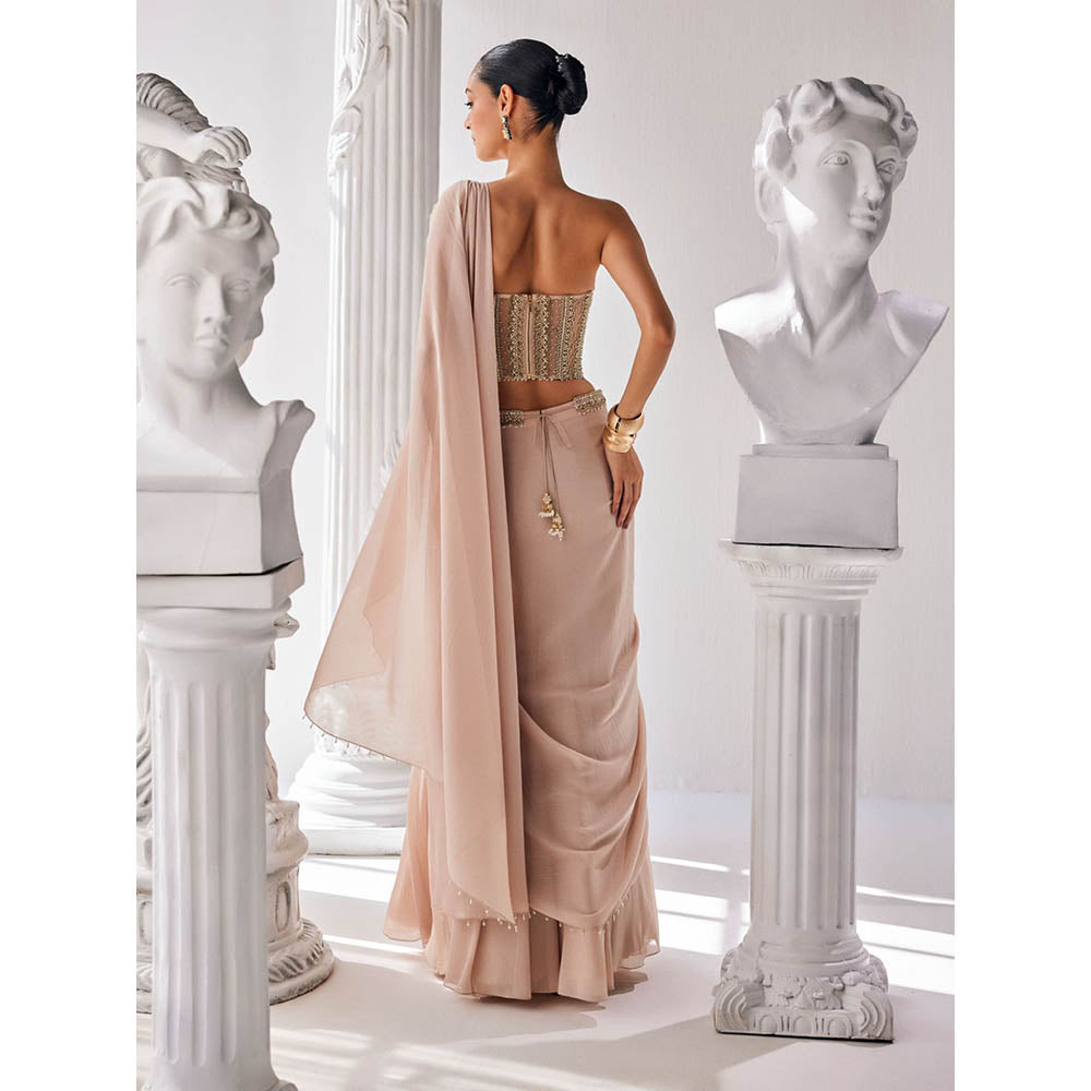 MANDIRA WIRK Golden Cream Saree with Stitched Blouse