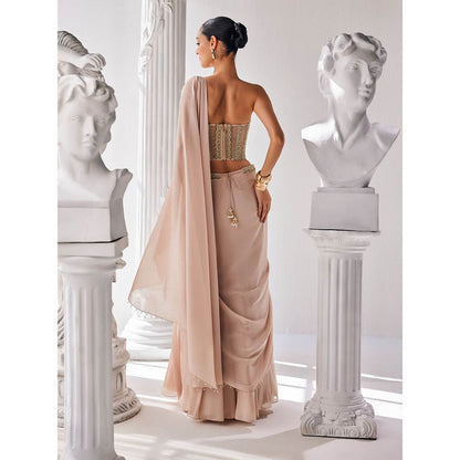 MANDIRA WIRK Golden Cream Saree with Stitched Blouse