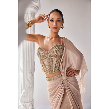 MANDIRA WIRK Golden Cream Saree with Stitched Blouse