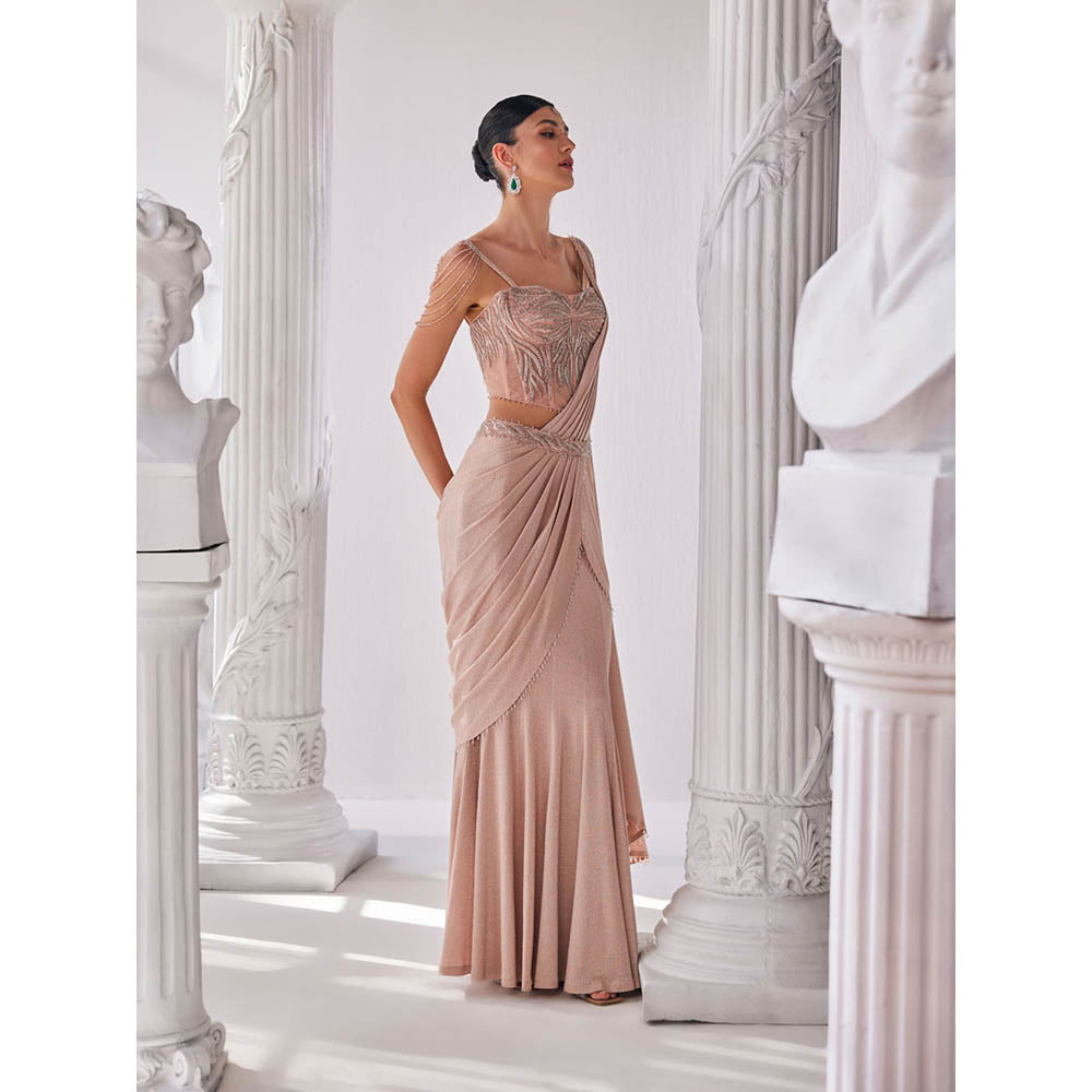 MANDIRA WIRK Peach Saree with Stitched Blouse and Belt