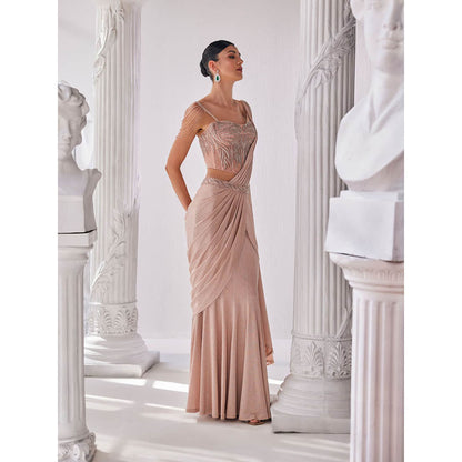 MANDIRA WIRK Peach Saree with Stitched Blouse and Belt