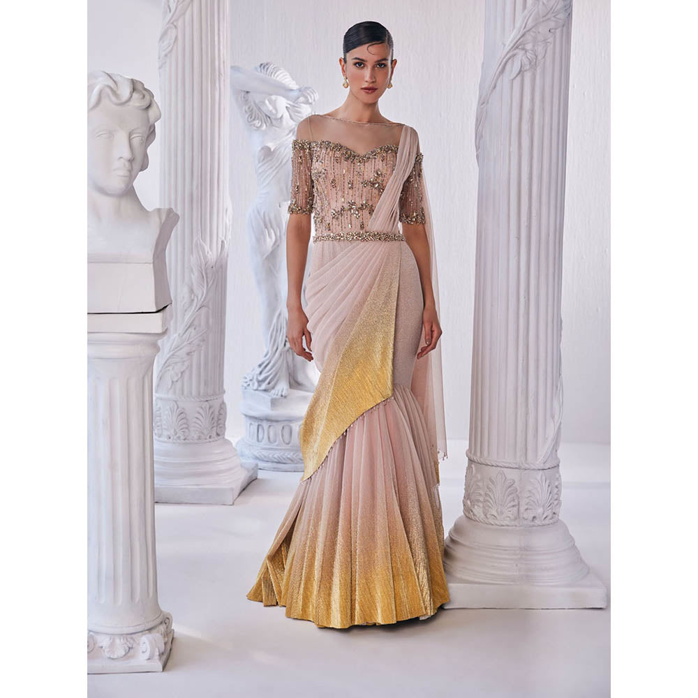 MANDIRA WIRK Peach and Gold Draped Gown with Attached Dupatta