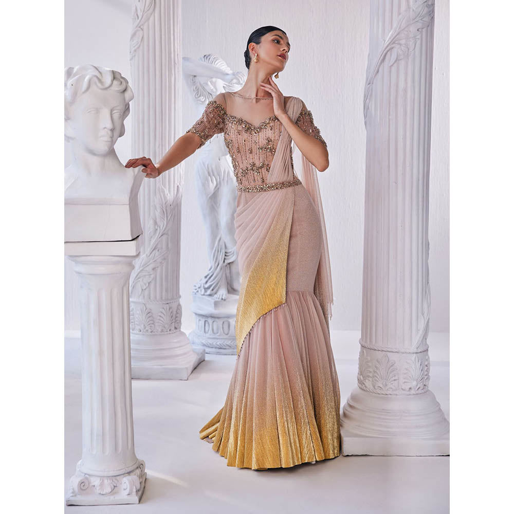 MANDIRA WIRK Peach and Gold Draped Gown with Attached Dupatta